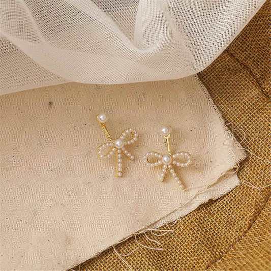 Pearl & Goldtone Bow Ear Jackets