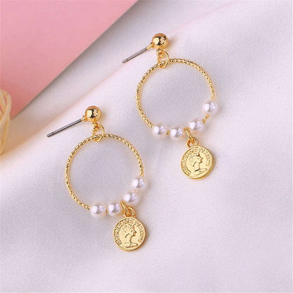 Pearl & Goldtone Queen Coin Drop Earrings