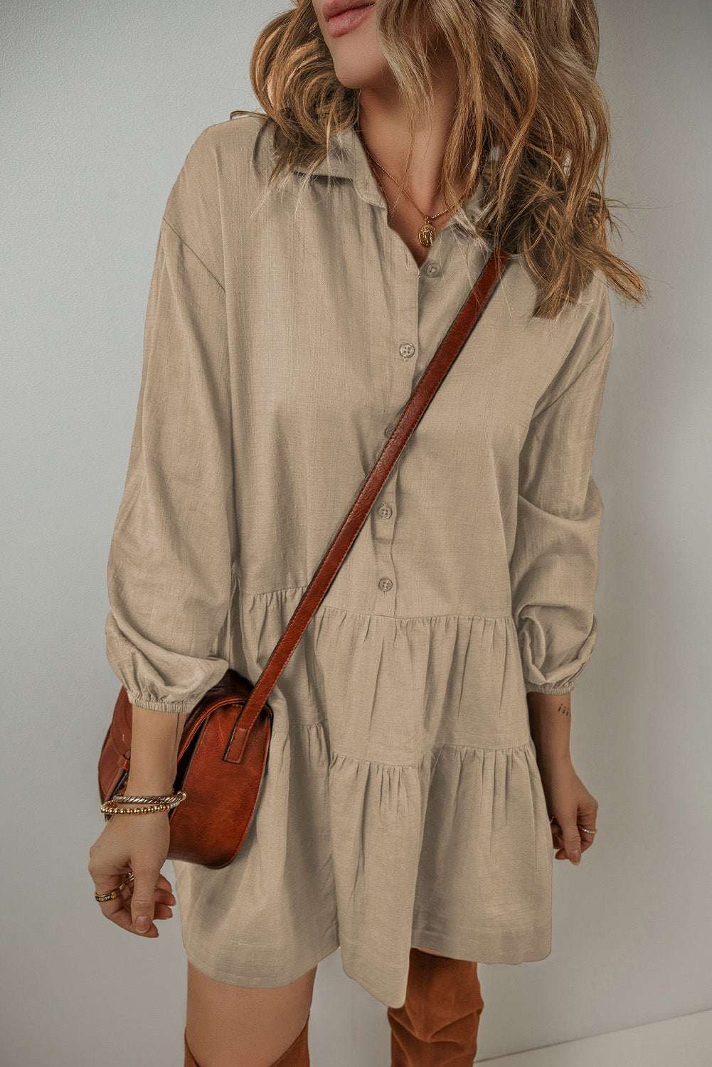 Scarlet Sleeve Tiered Pleated Shirt - Tan / L - 12/14