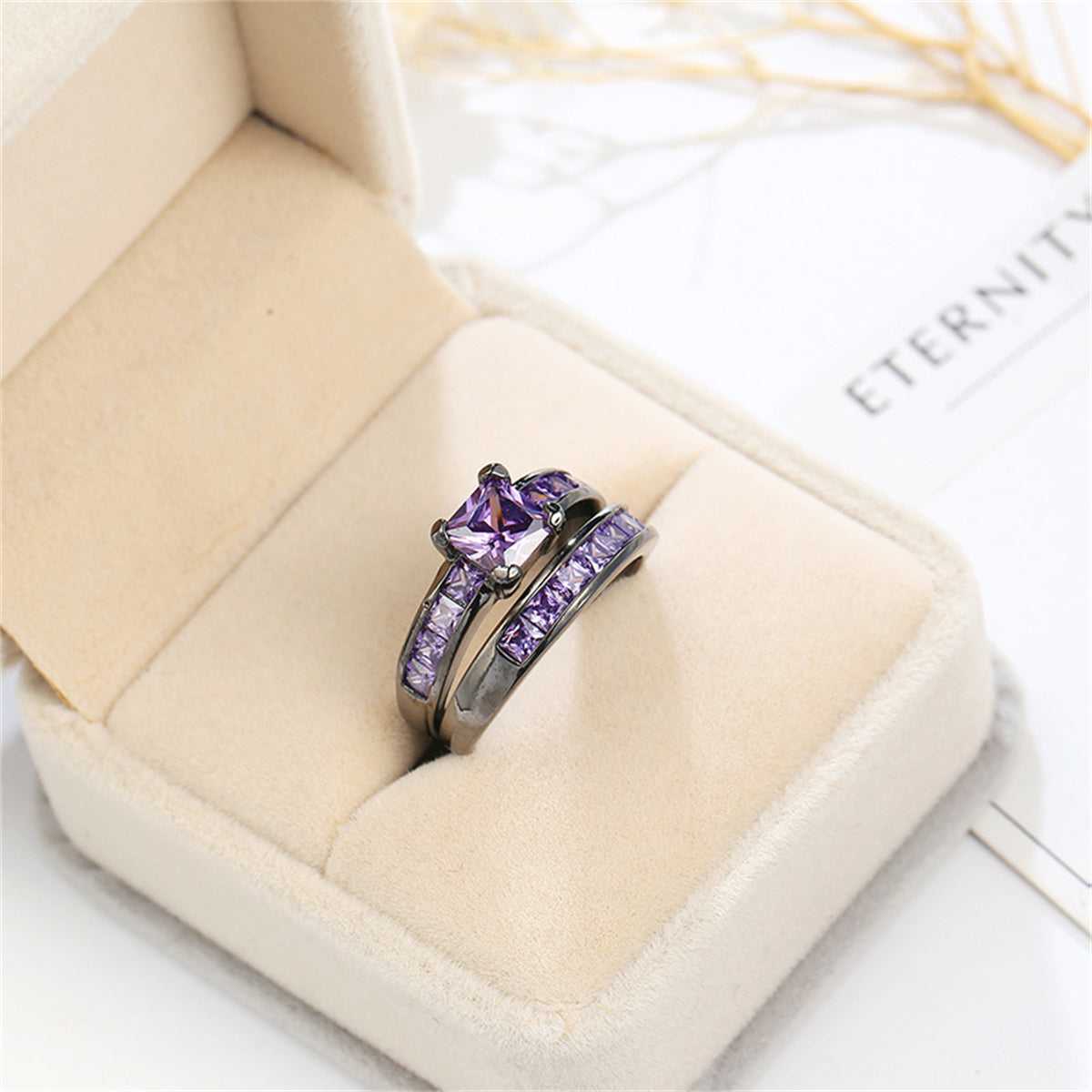 Purple Crystal & Black-Plated Princess-Cut Ring Set-2
