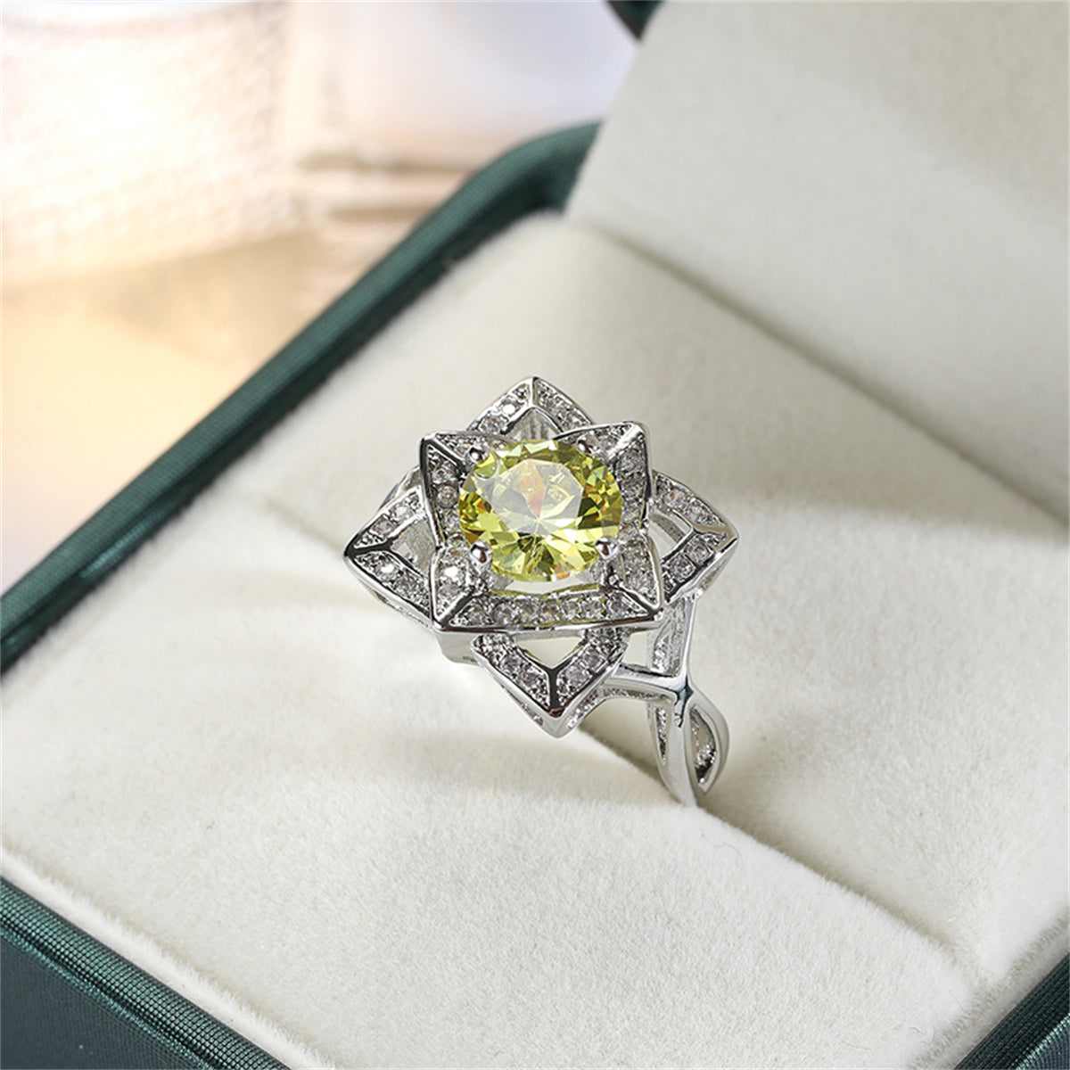 Yellow Crystal & Cubic Zirconia Geometric Floral Round-Cut Ring-3