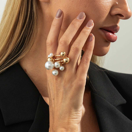 Pearl & Goldtone Ball Cluster Bypass Ring