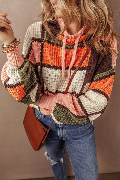 Threaded Pear Zoey Waffle Knit Drawstring Mock Neck Sweater