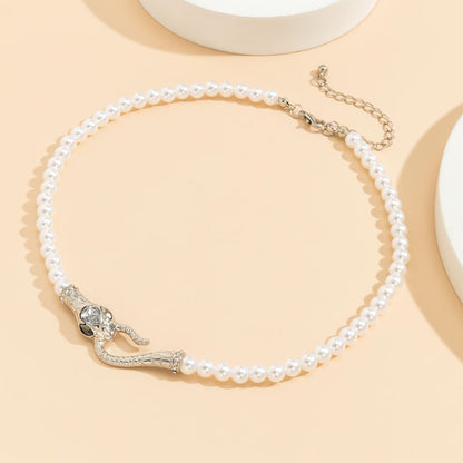 Crystal & Pearl Silvertone Snake Necklace