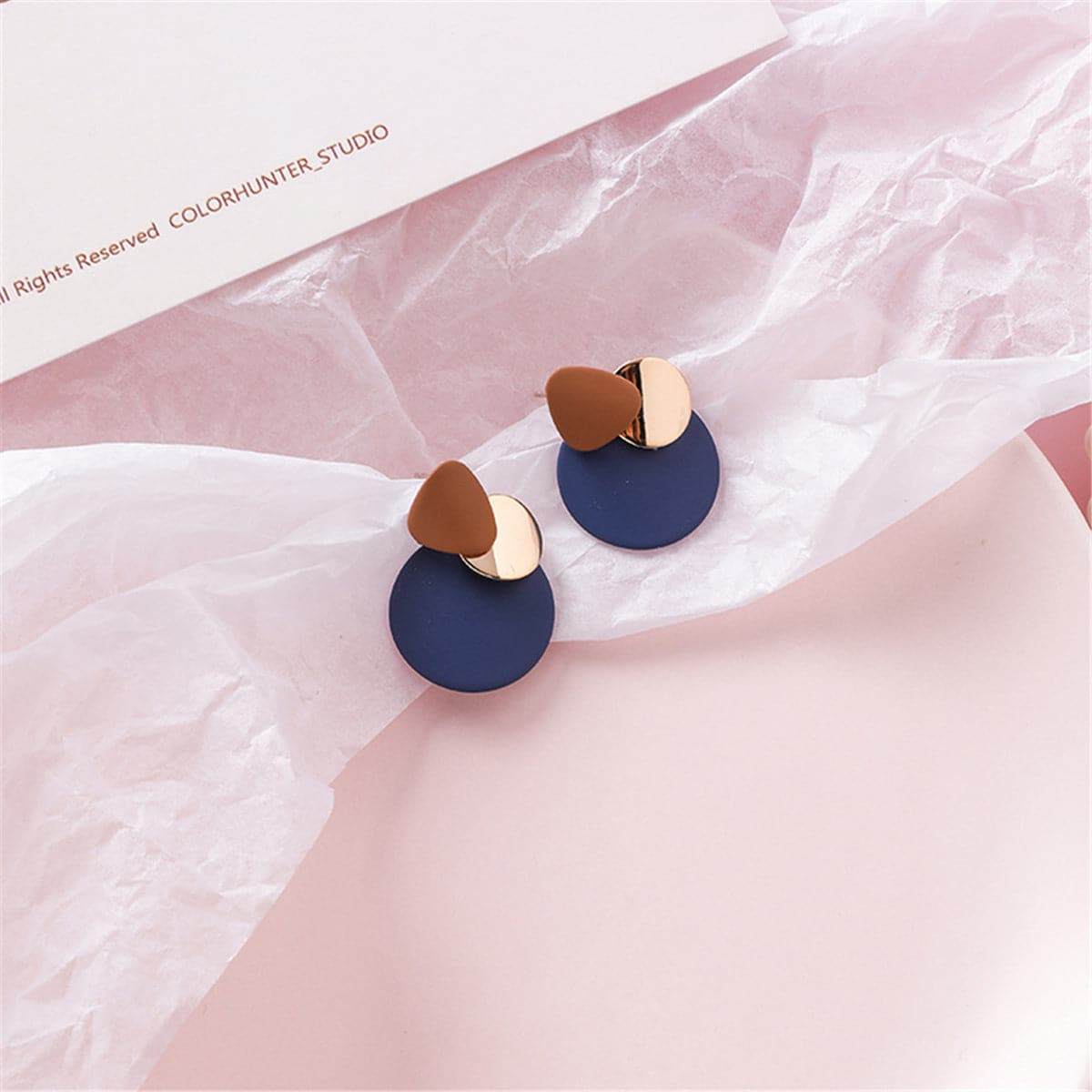 Blue Enamel & Goldtone Round Layered Drop Earrings