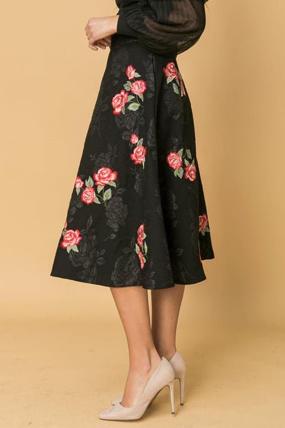 Rose Embroidery Midi Skirt