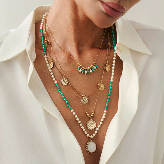 White Quartz & Howlite Polyster Goldtone Eye Sun Pendant Necklace Set