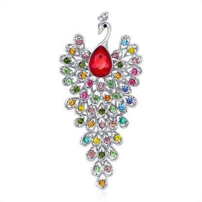 Pink & Multicolor Cubic Zirconia & Silvertone Peacock Brooch