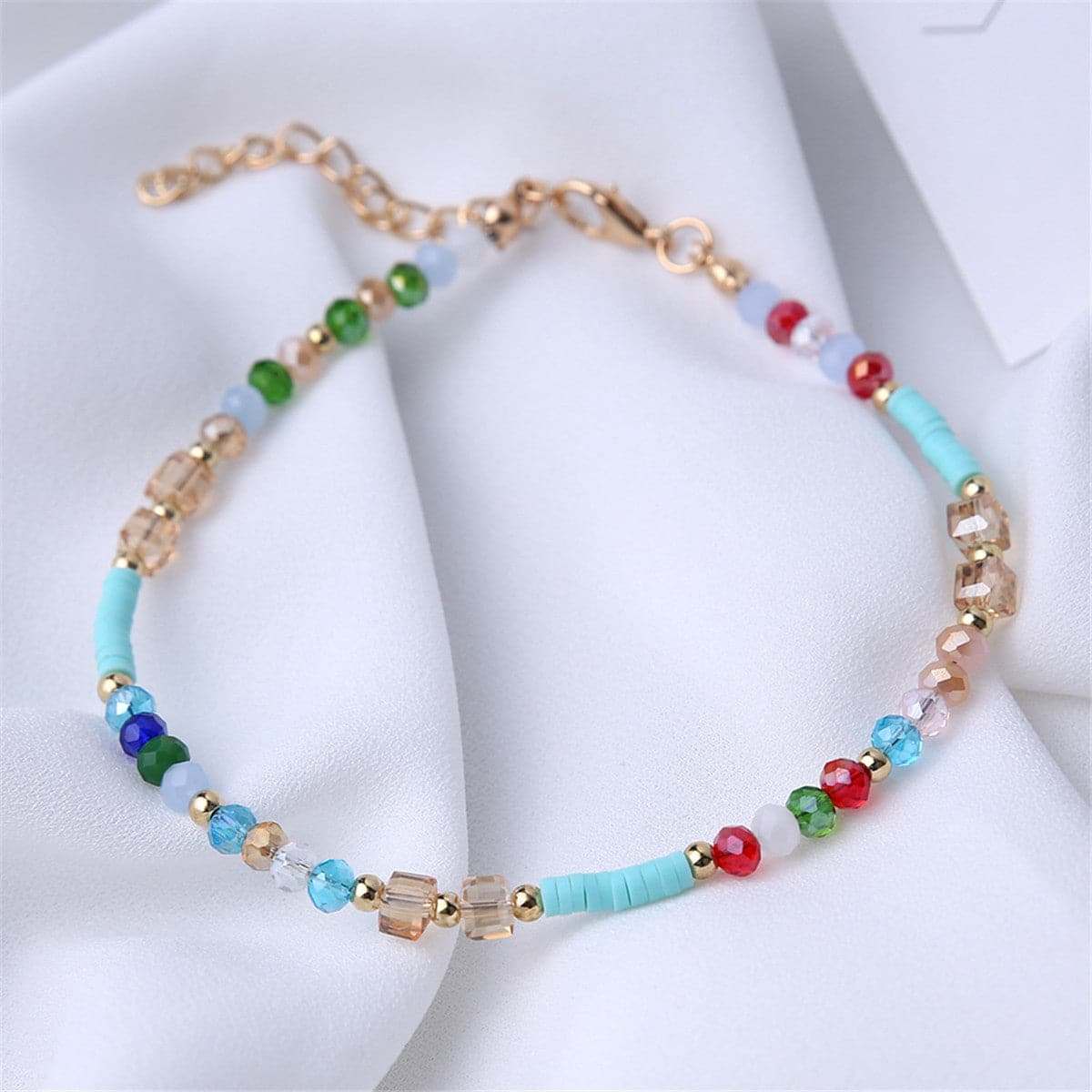 Blue Acrylic & Goldtone Beaded Anklet