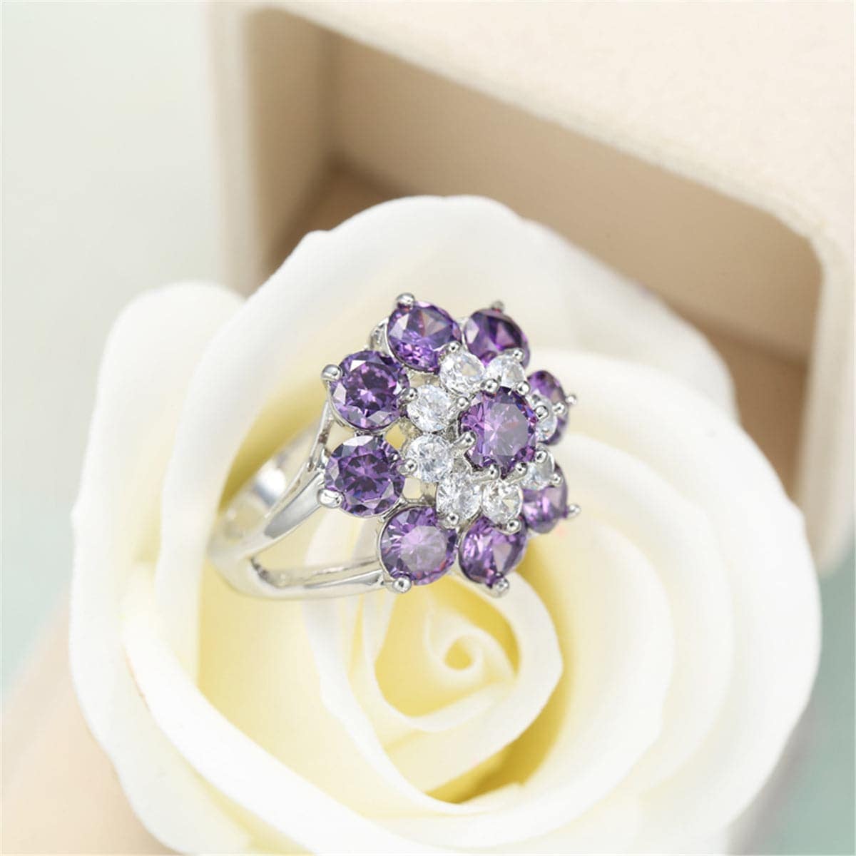 Purple Crystal & Silvertone Floral Ring