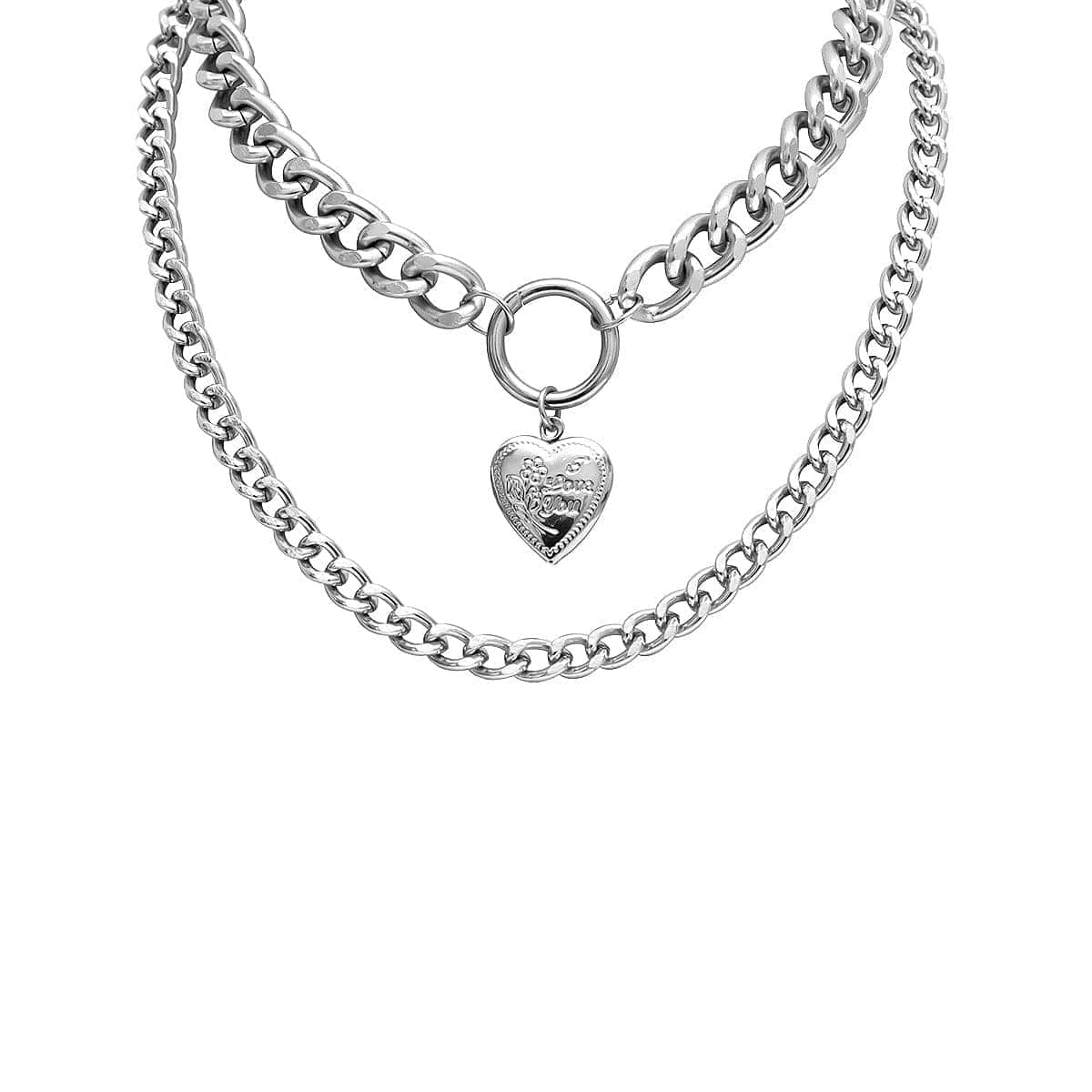 Silvertone Heart Figaro Layered Pendant Necklace