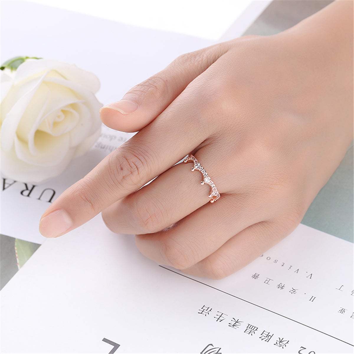 Cubic Zirconia & Rose Goldtone Crown Band Ring-8