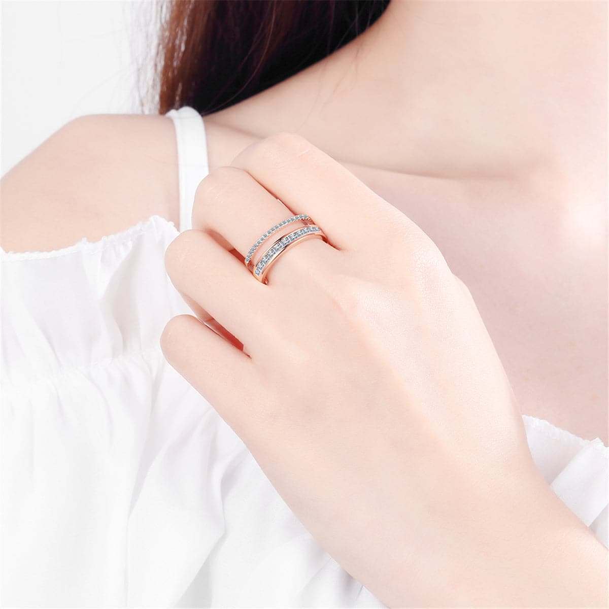 Cubic Zirconia & Crystal Rose Goldtone Open Adjustable Ring
