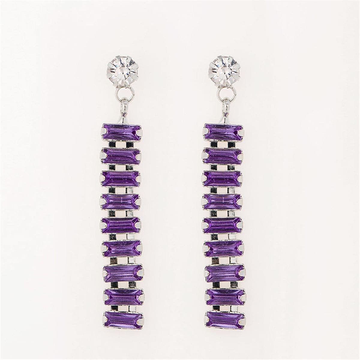 Purple & Silvertone Baguette Ladder Drop Earrings