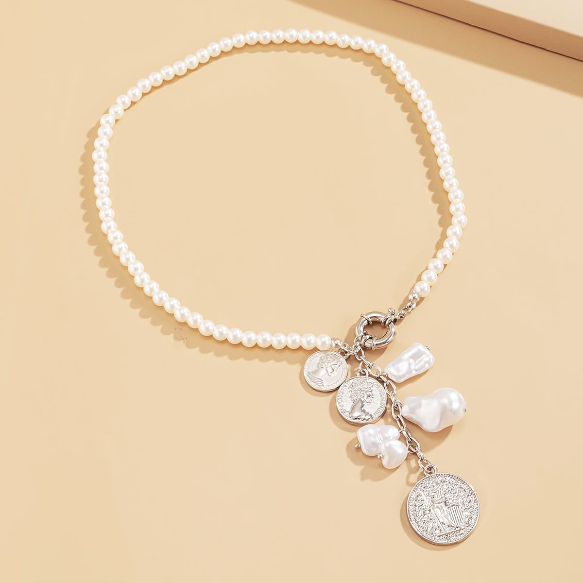 Pearl & Silvertone Coin Drop Necklace