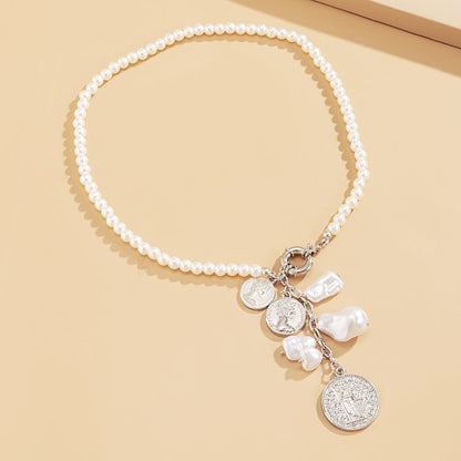 Pearl & Silvertone Coin Drop Necklace
