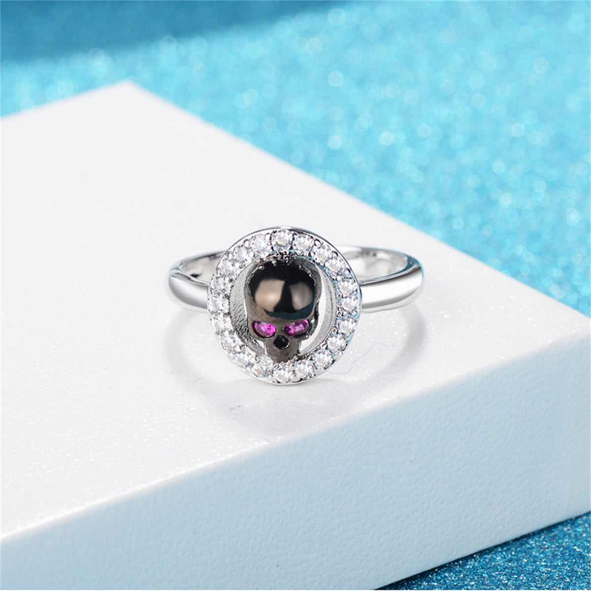 Cubic Zirconia & Silvertone Skull Hola Ring-2
