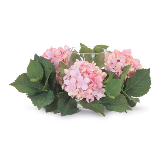 Melrose International Hydrangea Candle Ring with Glass Hurricane (Set of 2)