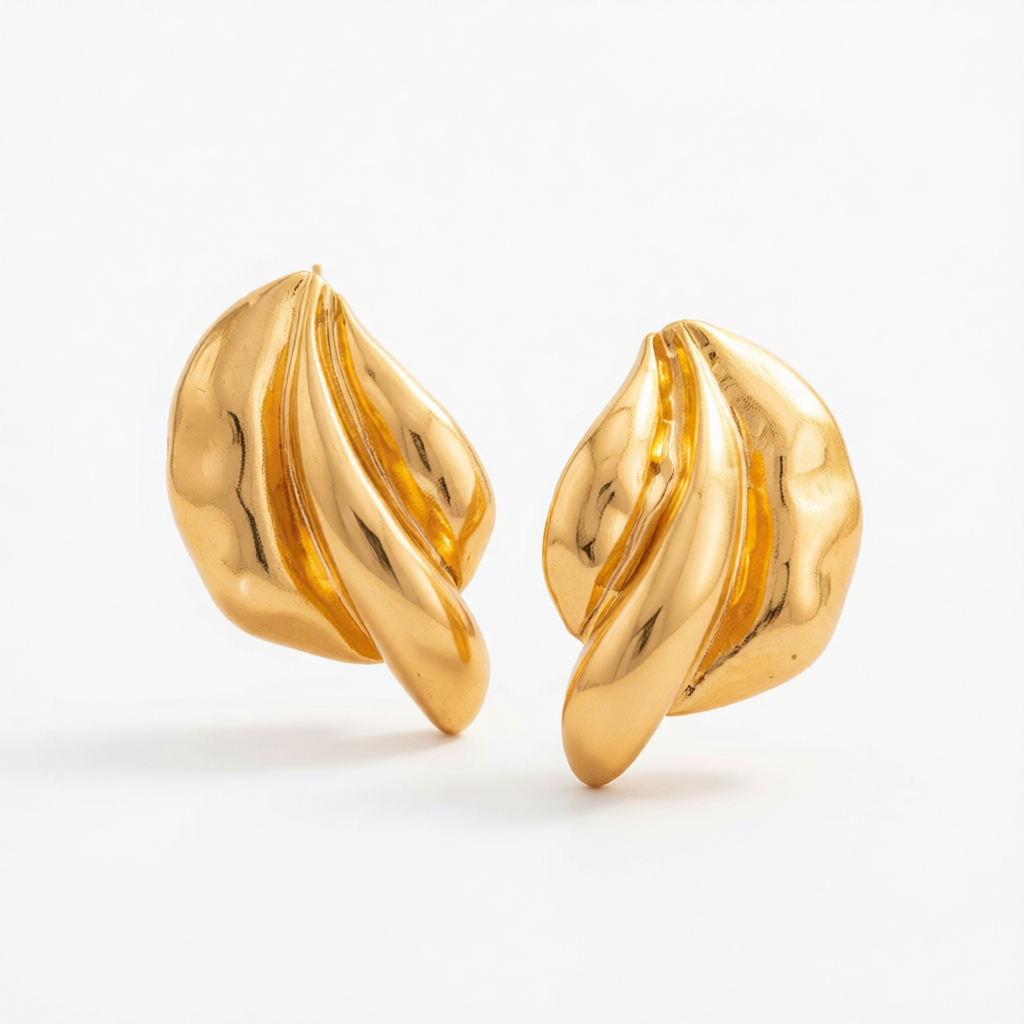 Goldtone Textured Leaf Stud Earrings
