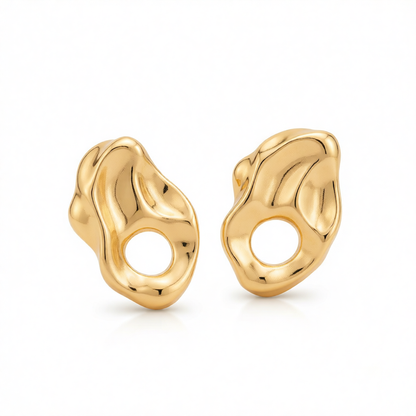 Goldtone Hammered Open Uneven Drop Statement Stud Earrings