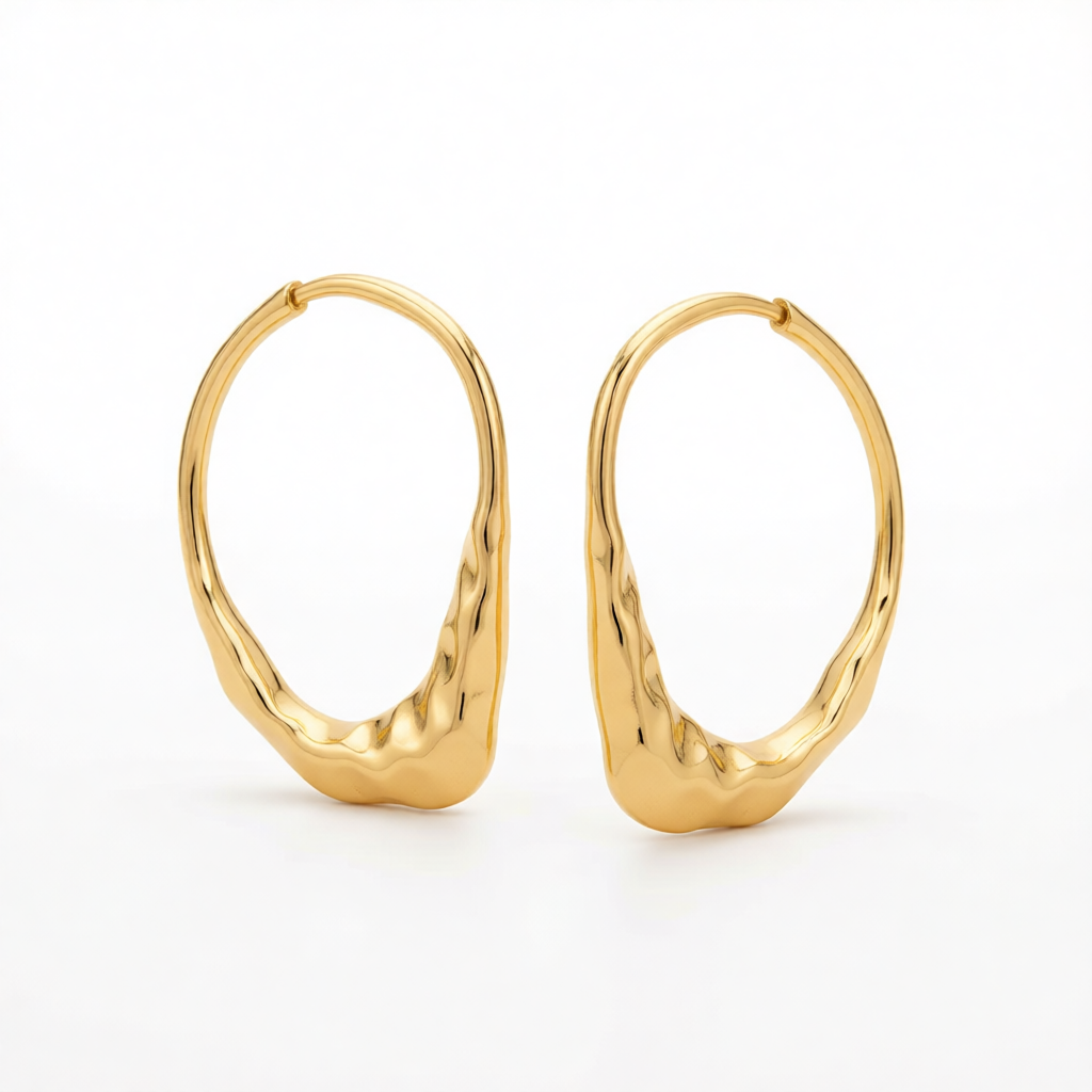 Goldtone Hammered Open Oval Statement Stud Earrings