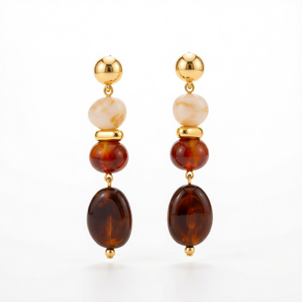 Amber Resin & Goldtone Tiered Irregular Beads Dangle Earrings