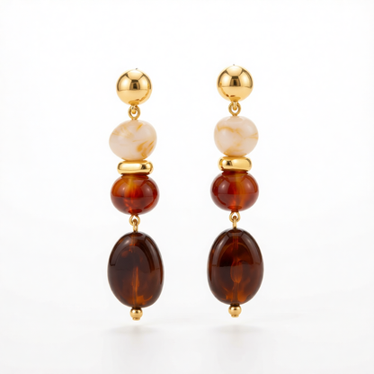 Amber Resin & Goldtone Tiered Irregular Beads Dangle Earrings