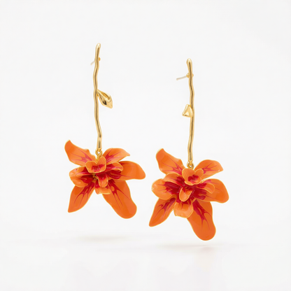 Red Enamel & Goldtone Flower Dangle Earrings