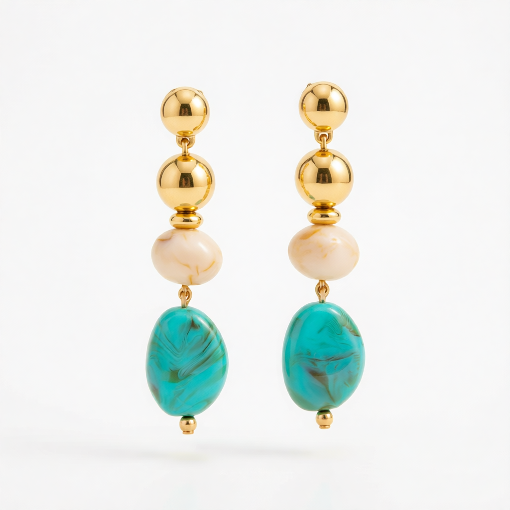 Blue Resin & Goldtone Tiered Irregular Beads Dangle Earrings