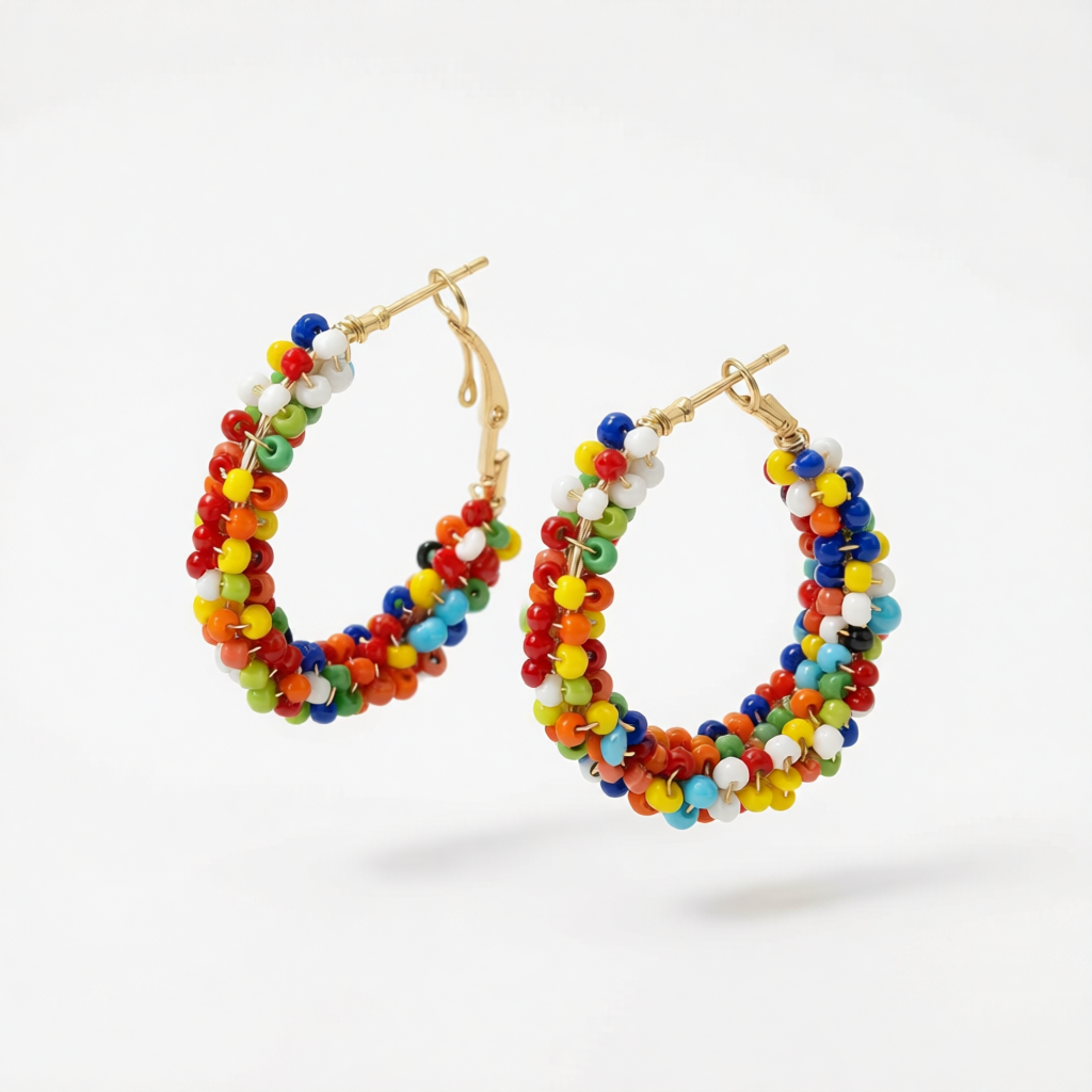 Multi-colored Howlite & Goldtone Beads Hoop Earrings