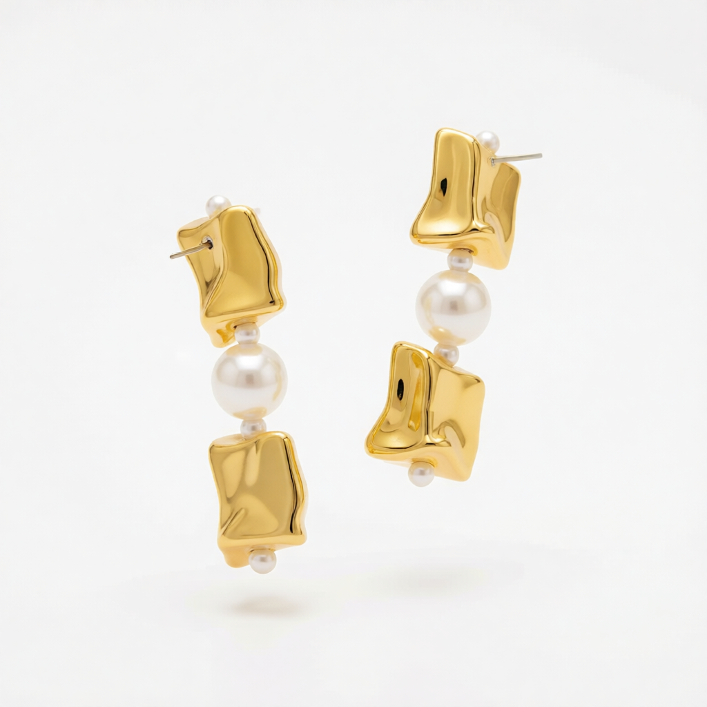 Pearl & Goldtone Ice Cube Dangle Earrings