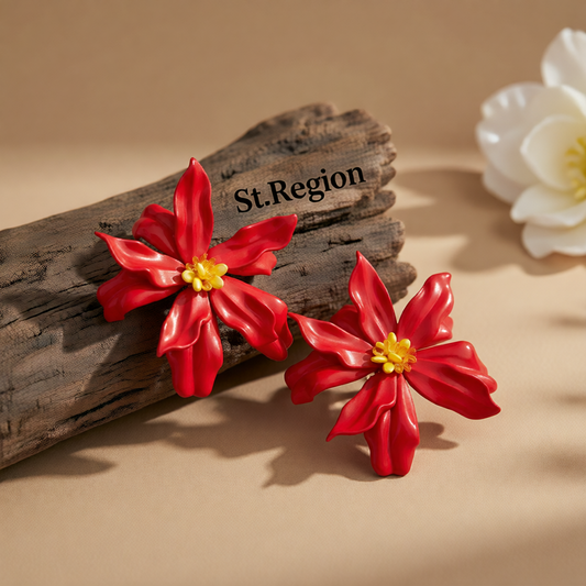 Colored Acrylic & Red Resin Goldtone Flower Statement Earrings