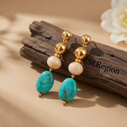 Blue Resin & Goldtone Tiered Irregular Beads Dangle Earrings
