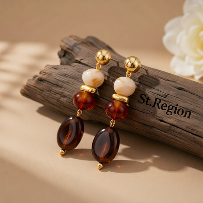 Amber Resin & Goldtone Tiered Irregular Beads Dangle Earrings