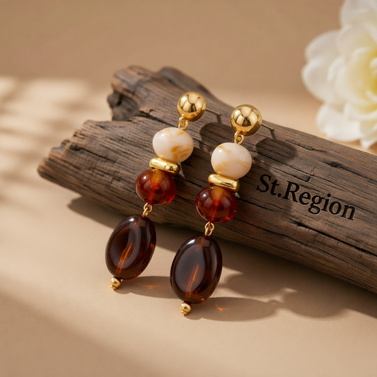Amber Resin & Goldtone Tiered Irregular Beads Dangle Earrings
