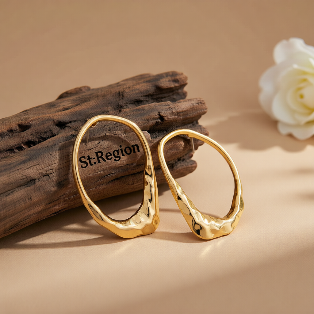 Goldtone Hammered Open Oval Statement Stud Earrings