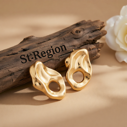 Goldtone Hammered Open Uneven Drop Statement Stud Earrings