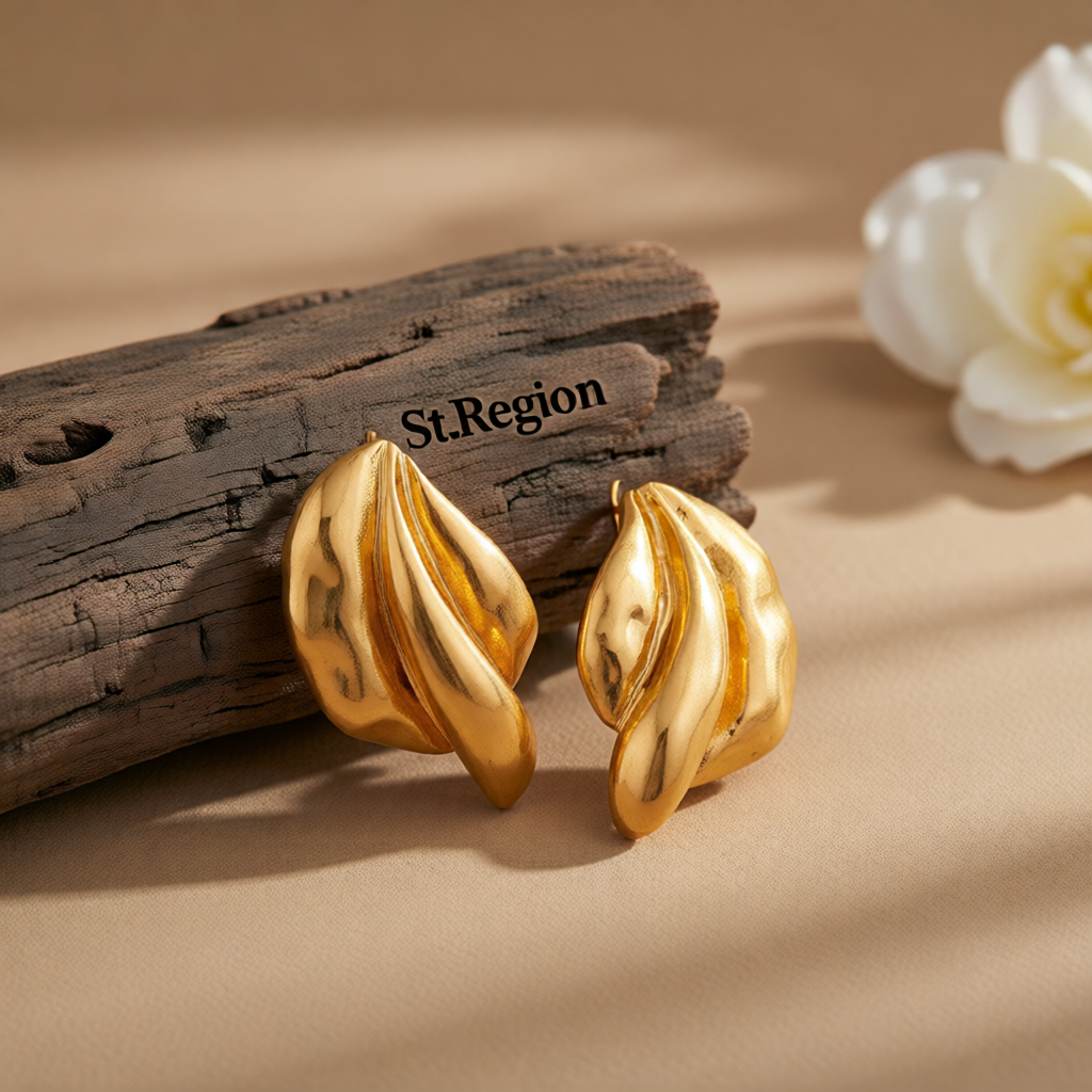 Goldtone Textured Leaf Stud Earrings