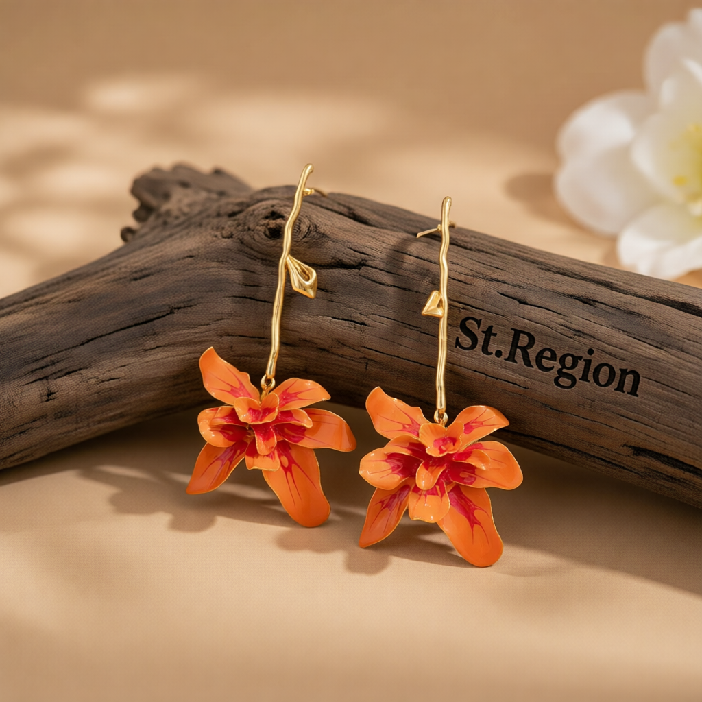 Red Enamel & Goldtone Flower Dangle Earrings