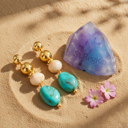 Blue Resin & Goldtone Tiered Irregular Beads Dangle Earrings