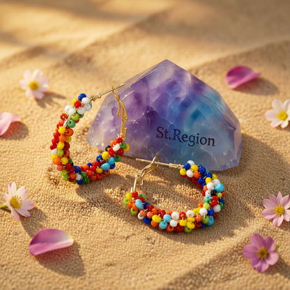 Multi-colored Howlite & Goldtone Beads Hoop Earrings