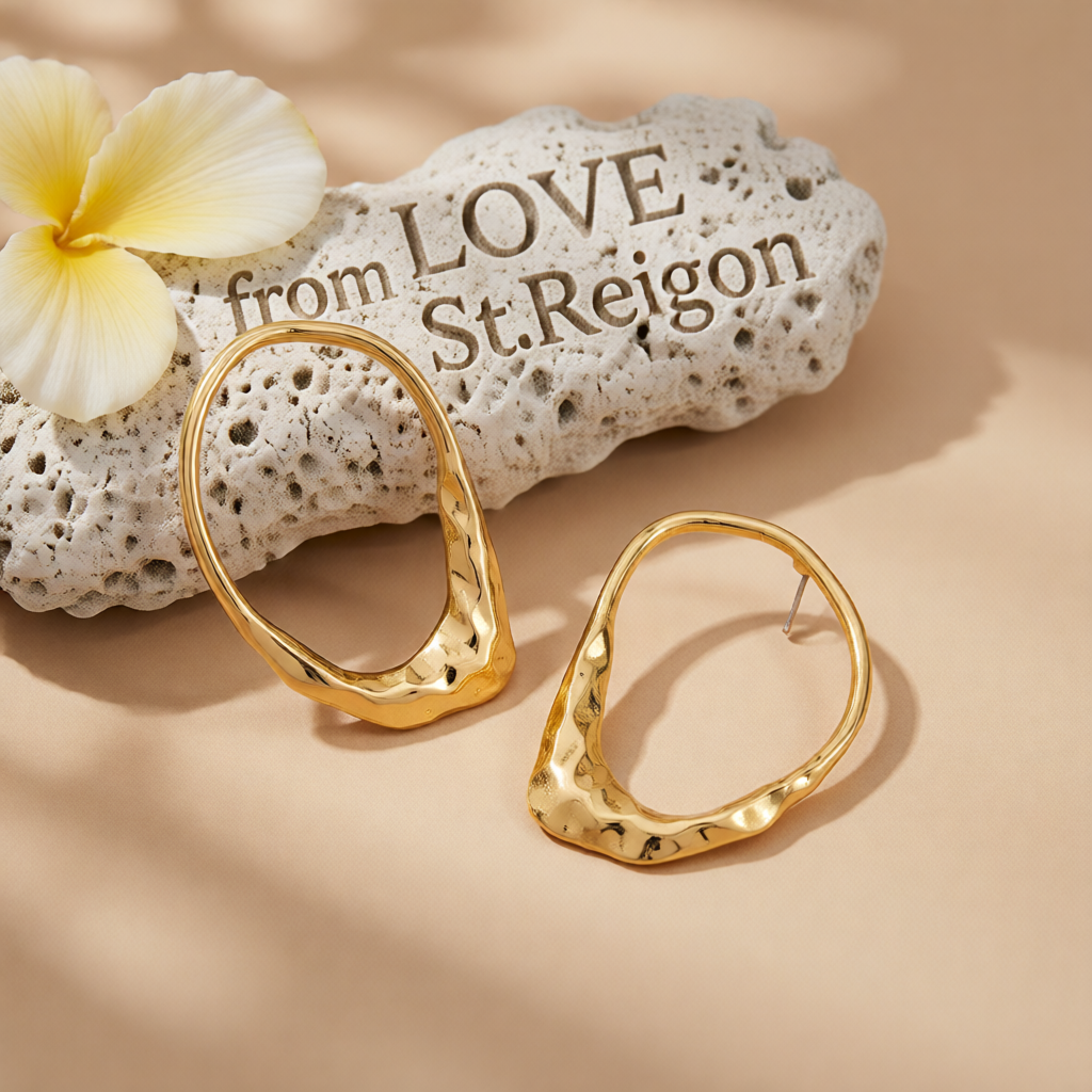 Goldtone Hammered Open Oval Statement Stud Earrings