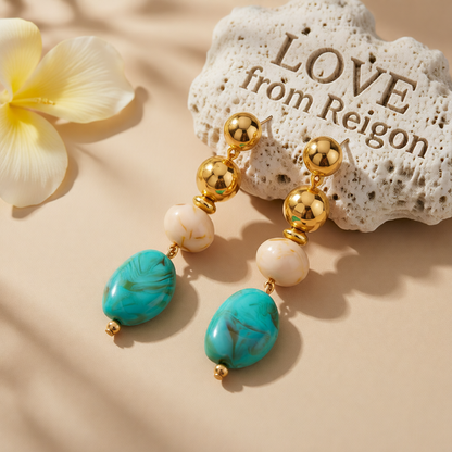 Blue Resin & Goldtone Tiered Irregular Beads Dangle Earrings