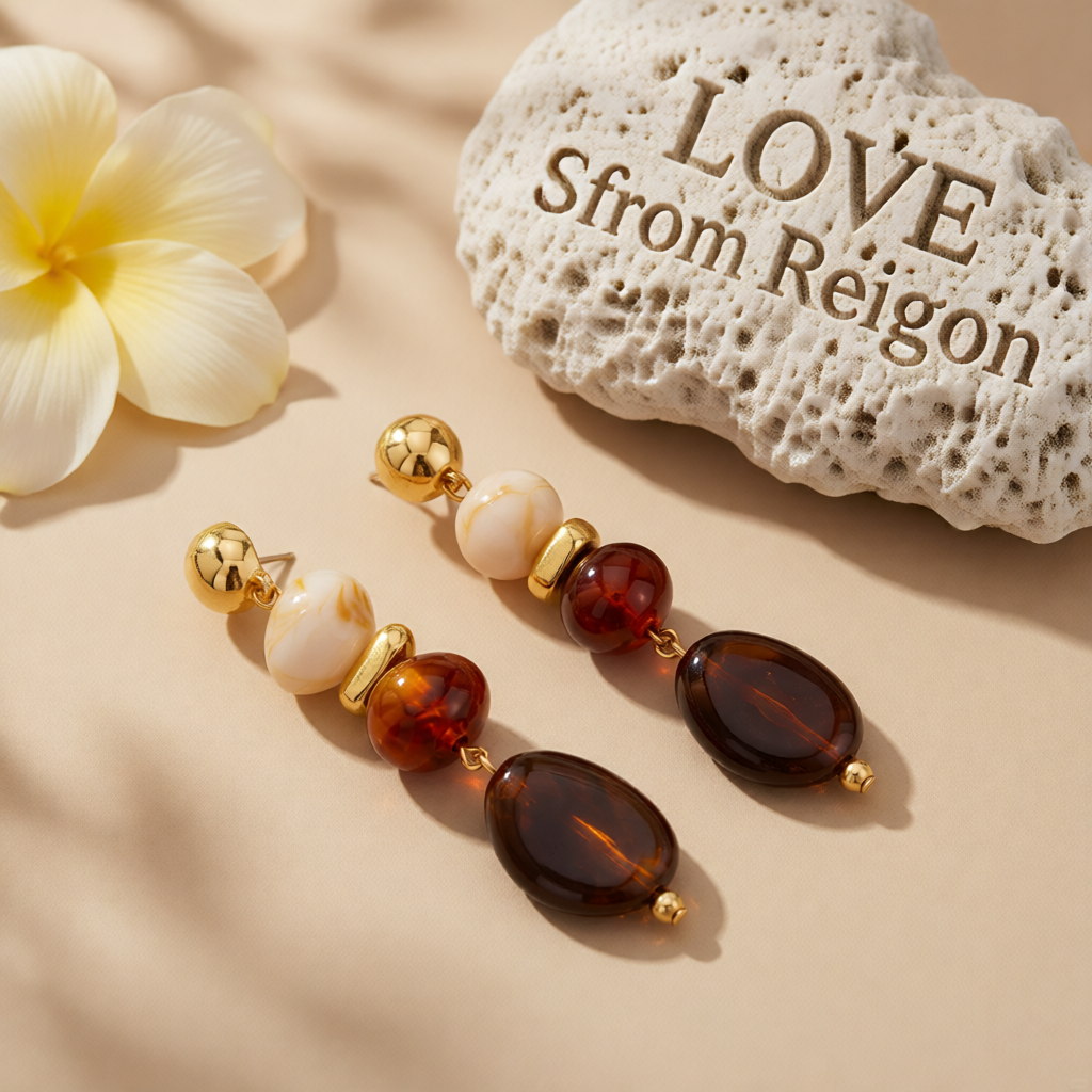 Amber Resin & Goldtone Tiered Irregular Beads Dangle Earrings