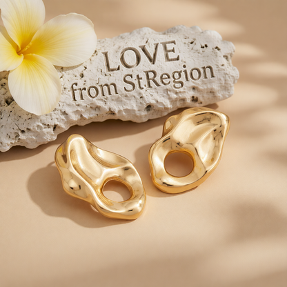 Goldtone Hammered Open Uneven Drop Statement Stud Earrings