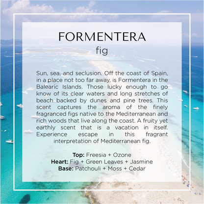 Formentera fig scented candle has notes of fig, green leaves, freesia, moss, cedar