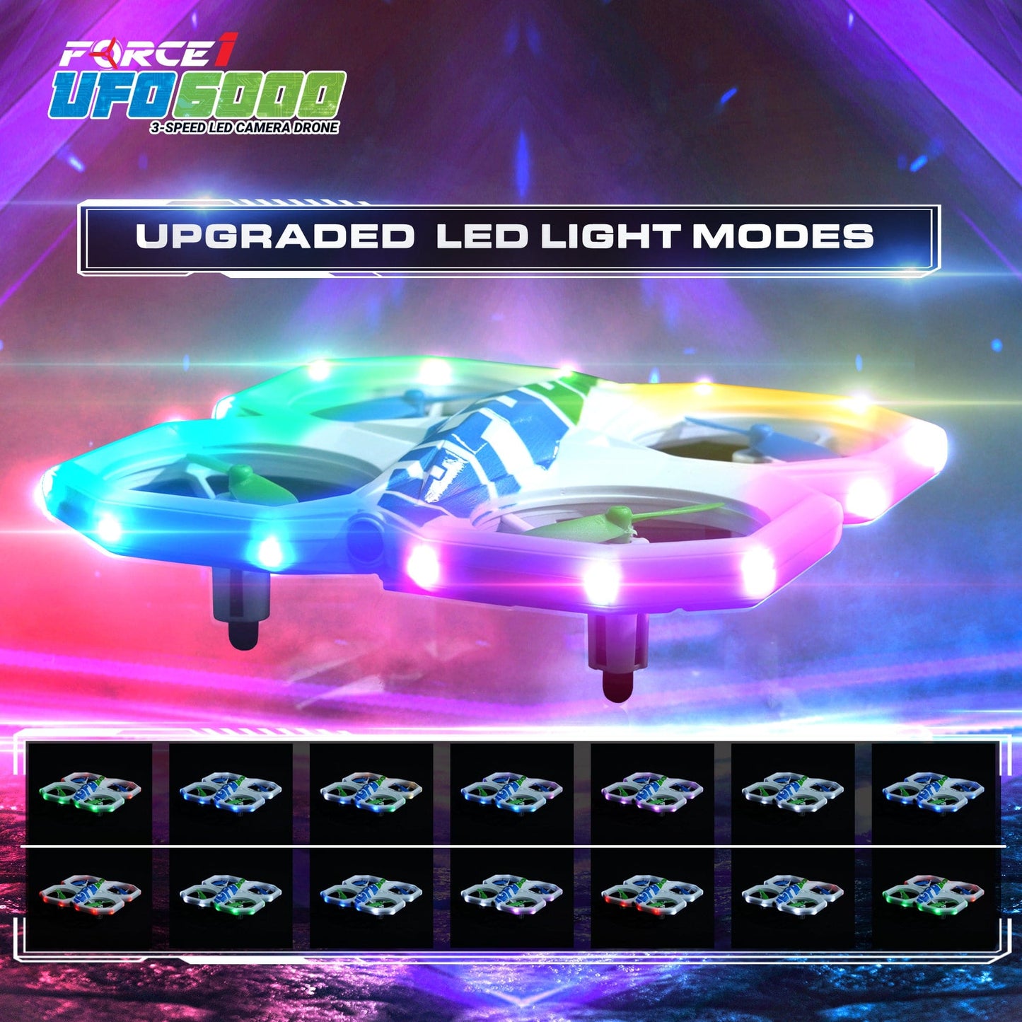 White drone, blue remote control, green and blue propellers-