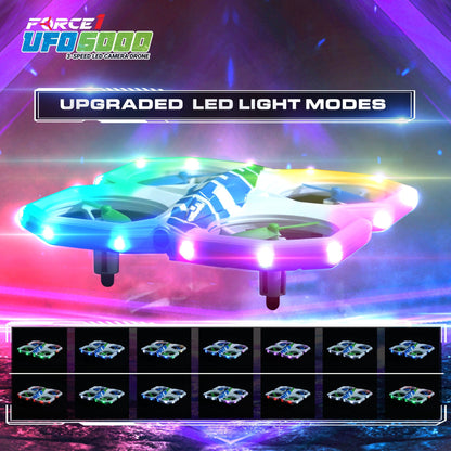 White drone, blue remote control, green and blue propellers-