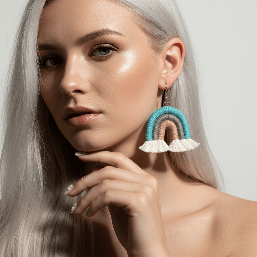 Blue Multi-Colored Yarn & Silvertone Rainbow Tassel Hook Earrings