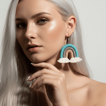 Blue Multi-Colored Yarn & Silvertone Rainbow Tassel Hook Earrings